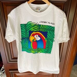Vintage Y2K Cayman Islands Parrot Graphic Art Tee Shirt by Peter Mussfeldt
